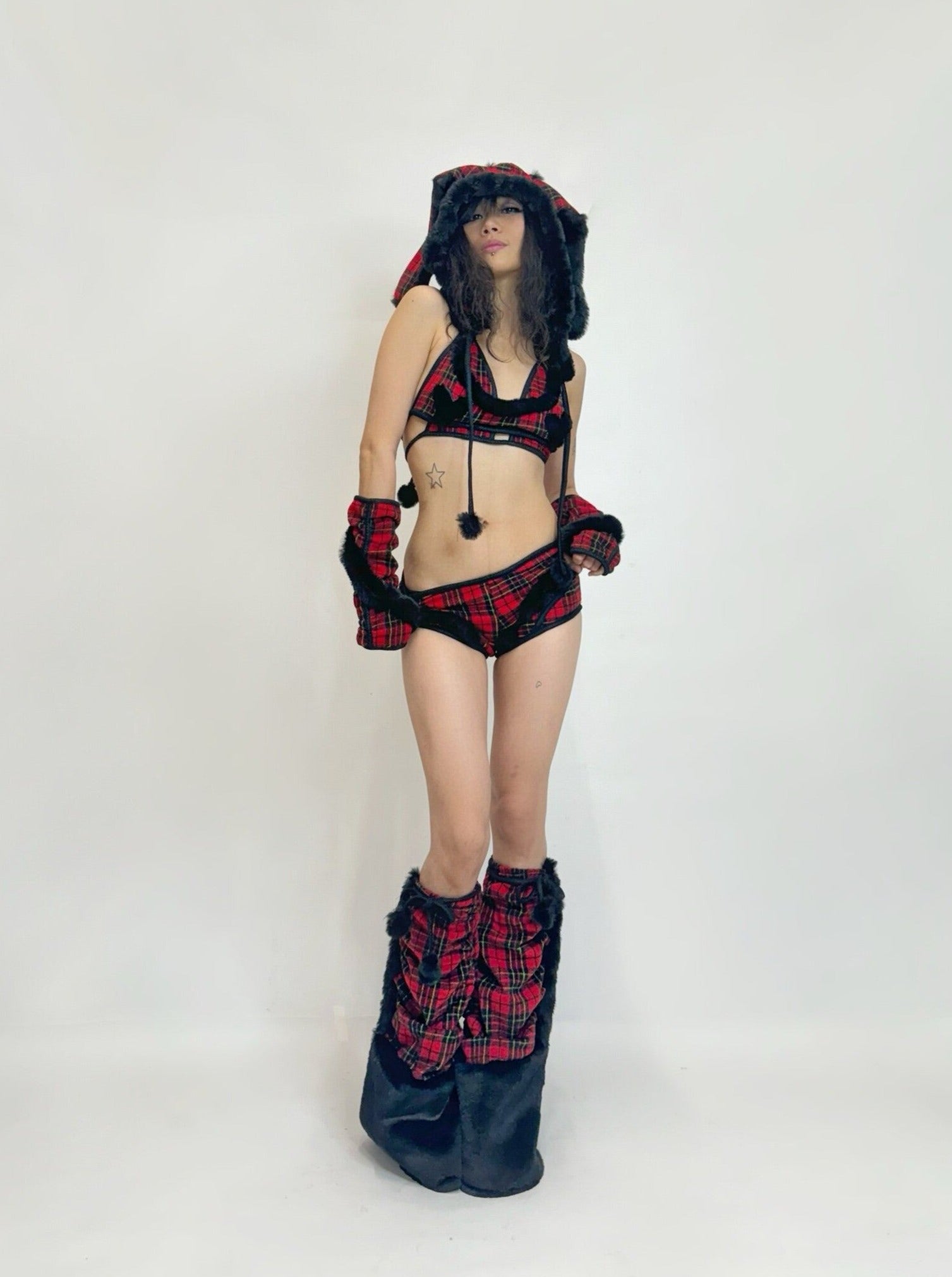 Red Black Plaid Bunny Hat