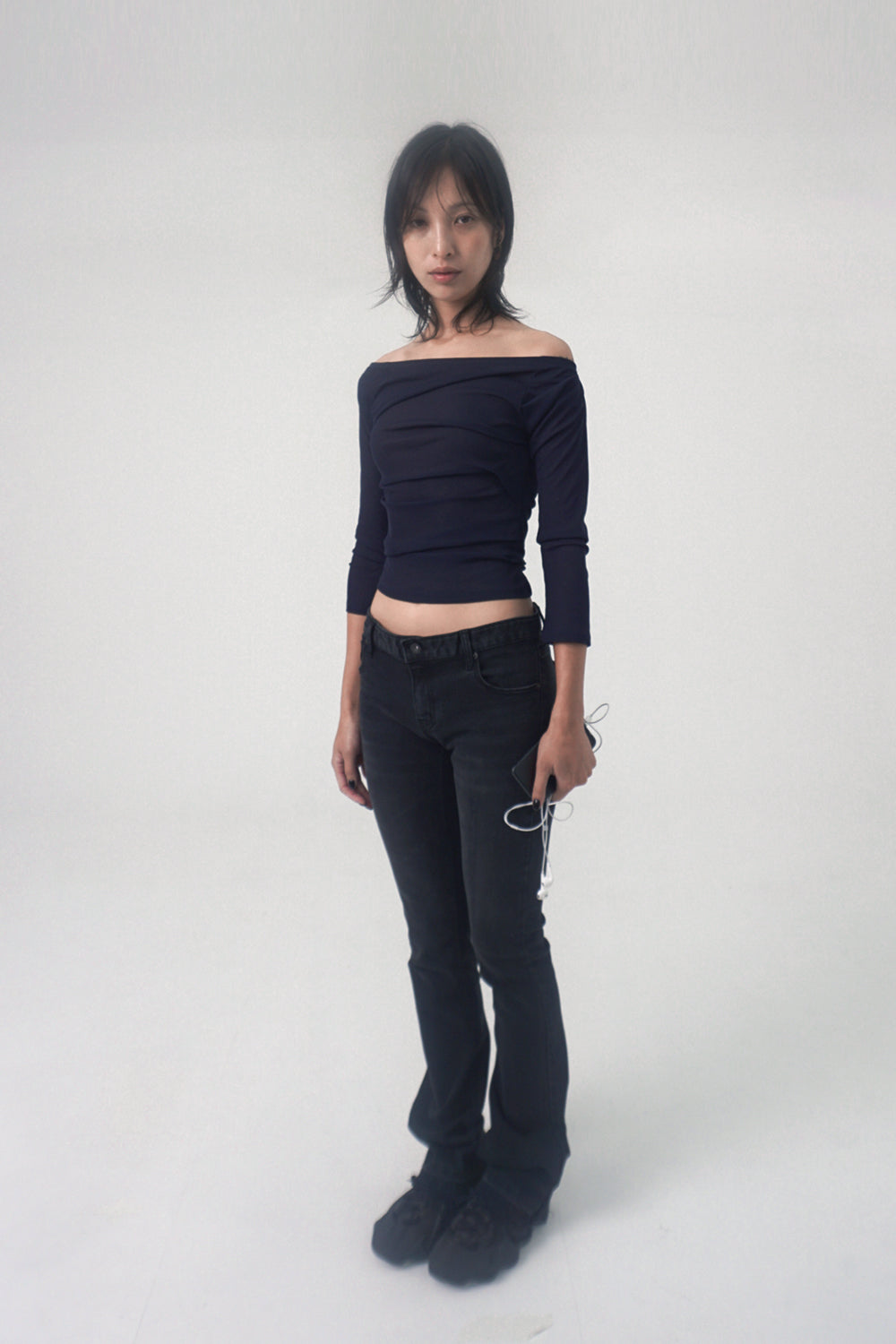 Draping Off-Shoulder 3/4 Sleeve Top (Navy)