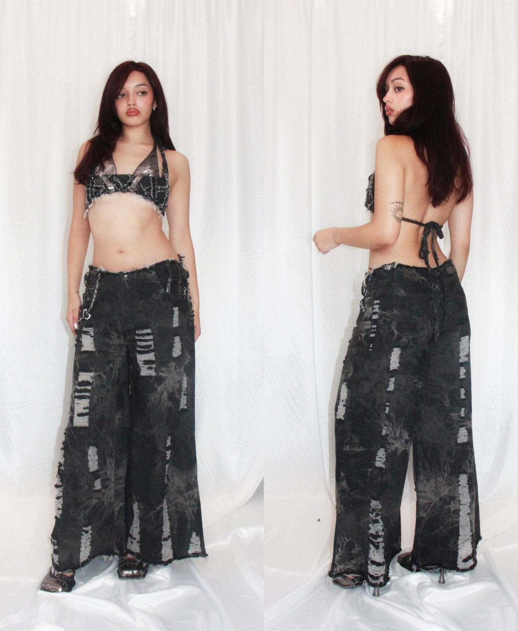 Dark Gray baggy leg frayed denim pants