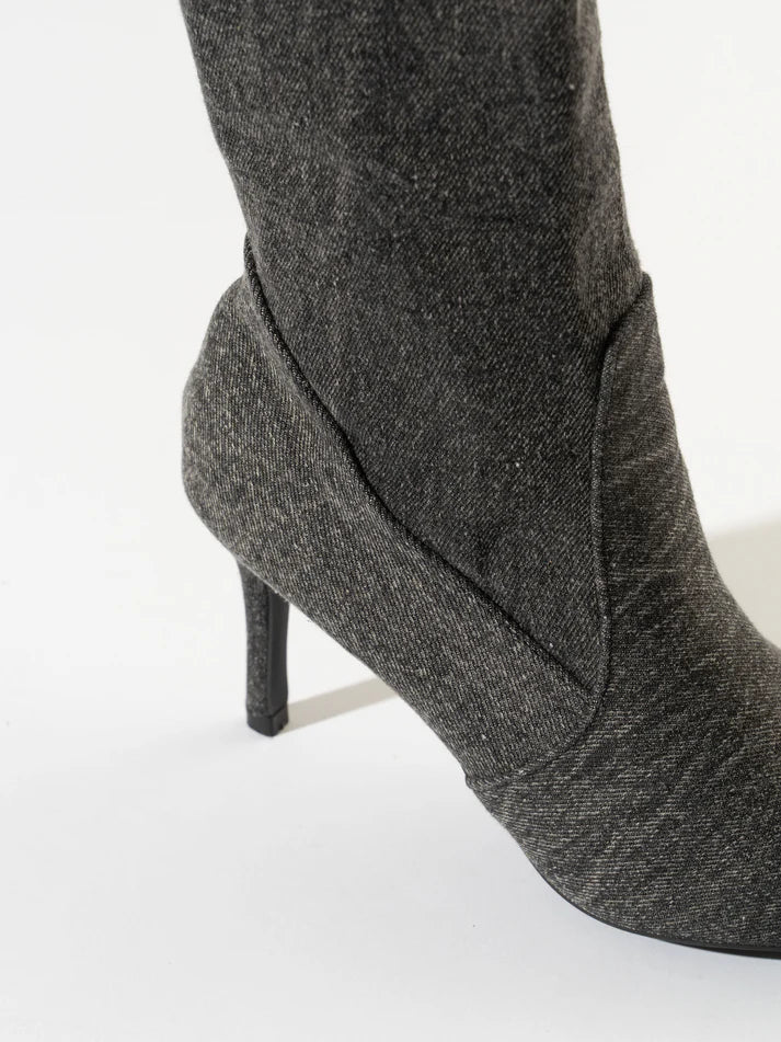 Litia Pointed-Toe Denim Boots - Ash Grey Denim