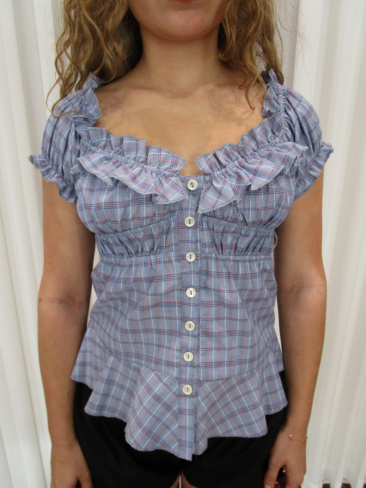 Gingham Peplum Puff Top