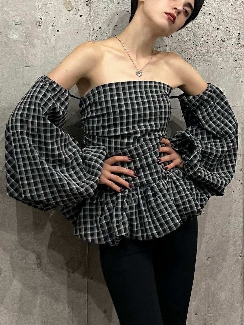 Balloon Check Off Shoulder Tops