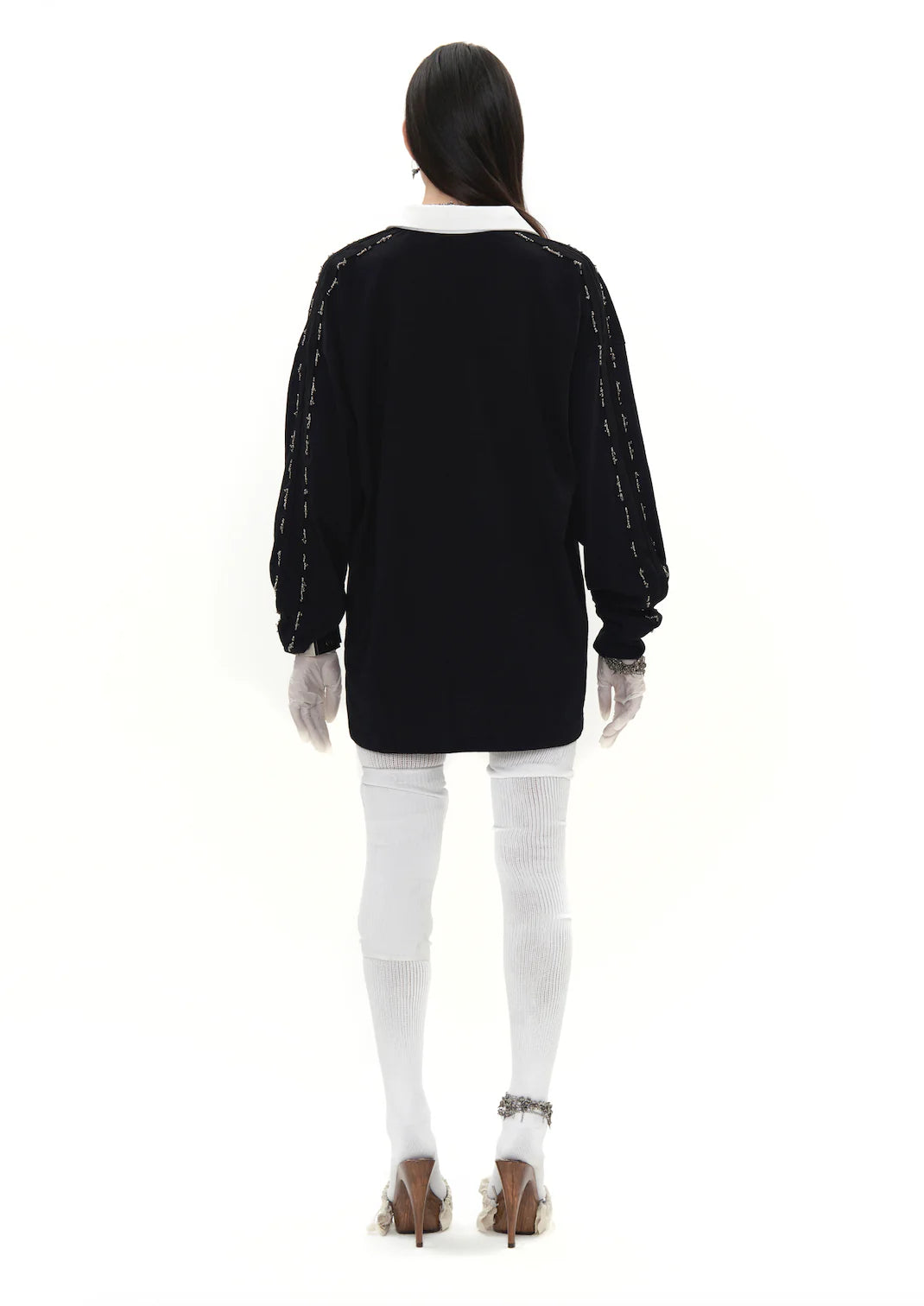 Beaded Track Collar Shirt in Black