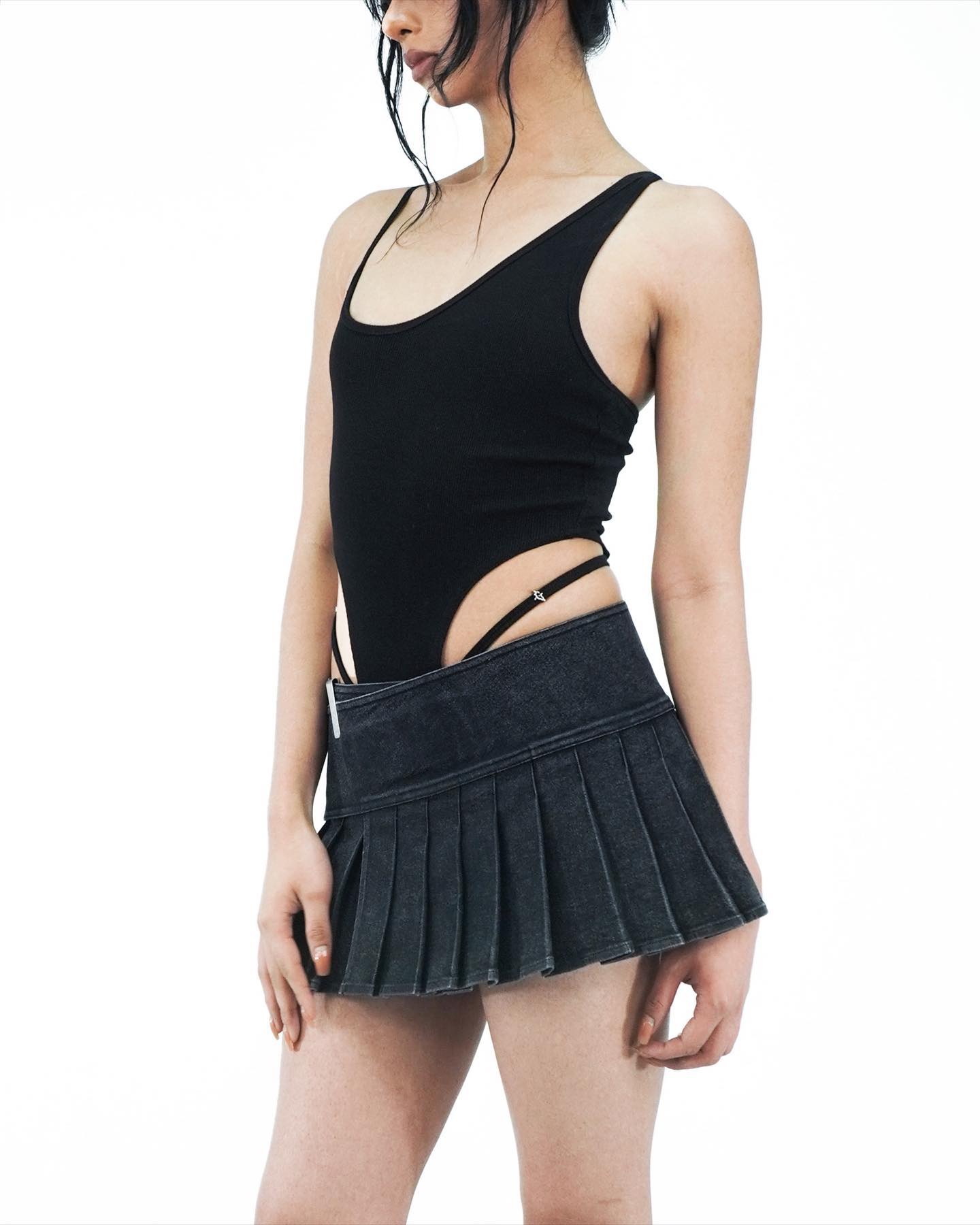 Pleated Denim Mini Skirt