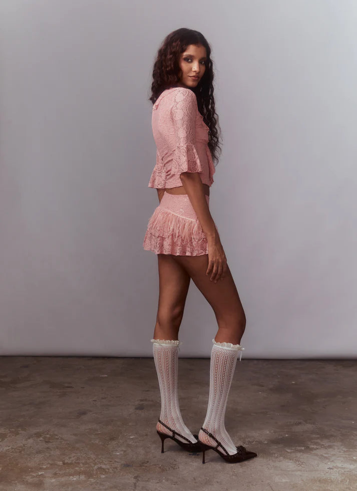 Pink Lace Tassels Low Rise Mini Skort