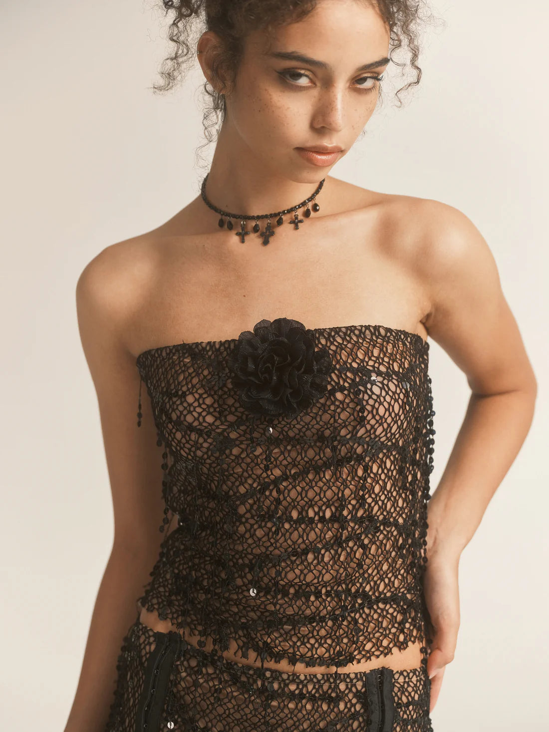 Black Sequin Fishnet Lace Up Tube Top